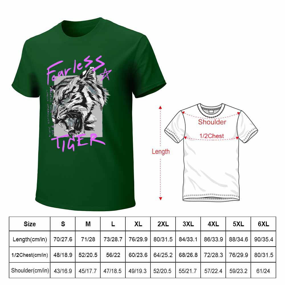Dark green Fearless Tiger tee with size chart, 100% cotton, collection.
