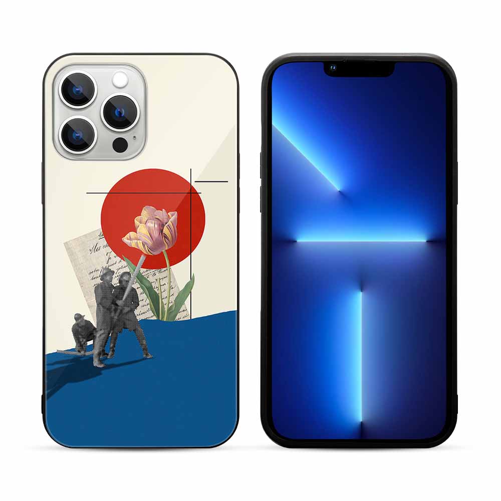 iPhone 13 glass case with artistic floral design, scratch-resistant, wireless charging compatible