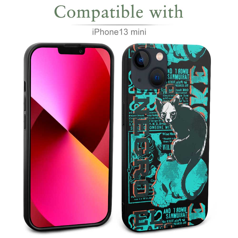 iPhone 13 mini case compatible with phone, featuring a black and green anime design, TPU material, wireless charging