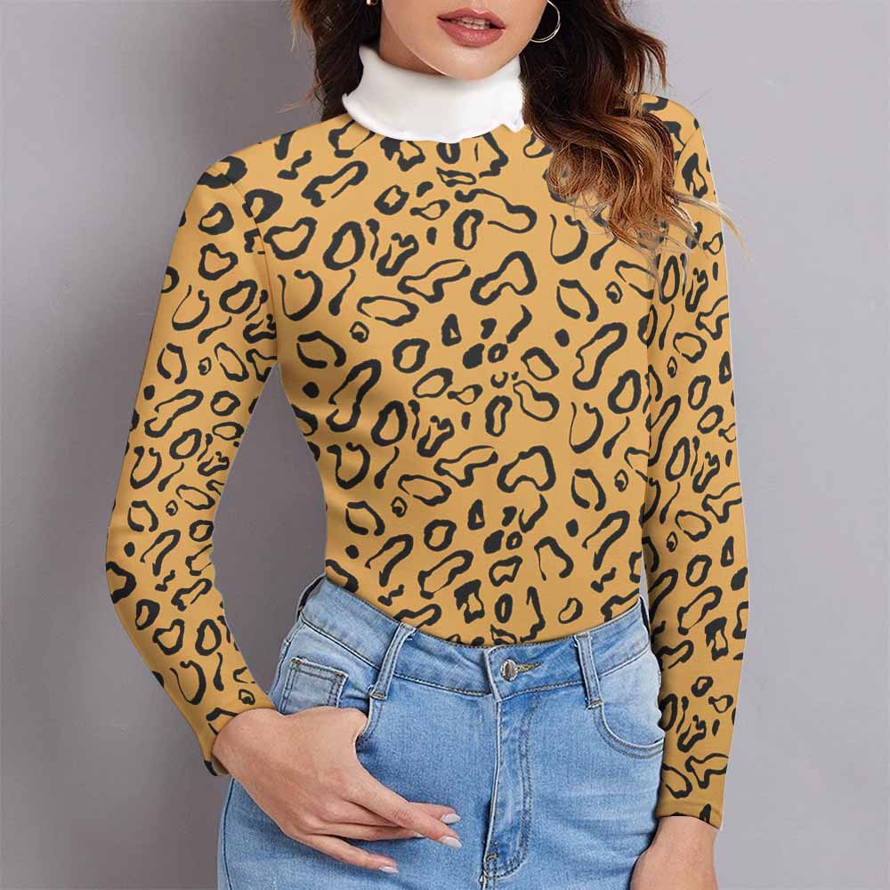Women's leopard print lapel sweater with white turtleneck, winter fashion.