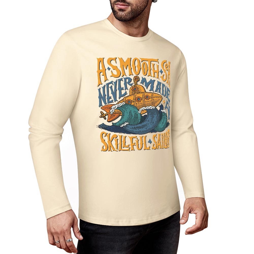 Cream pure cotton long-sleeved T-shirt featuring ASMODUS Skull San graphic, perfect for casual wear.