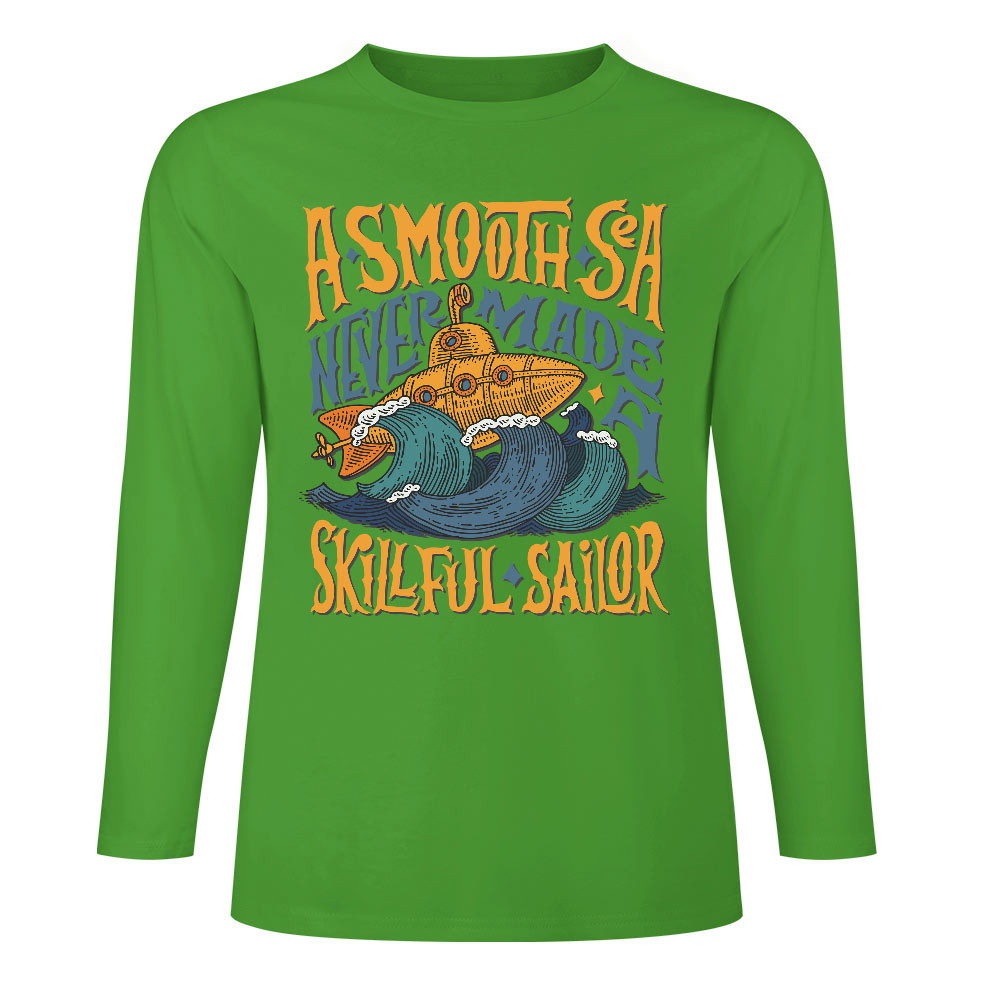 Green pure cotton long sleeve T-shirt with "A SMOOTH SHAKER" graphic, casual wear.