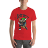 Red Men's Cotton T-shirt with 'Just Do It' baseball cartoon graphic and size chart.