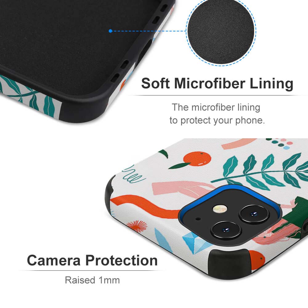 iPhone 12 Series Microfiber Case with Soft Microfiber Lining & Camera Protection, floral pattern.