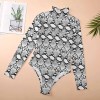 Women's snakeskin print bodysuit with high neck and long sleeves, made of polyester and spandex.