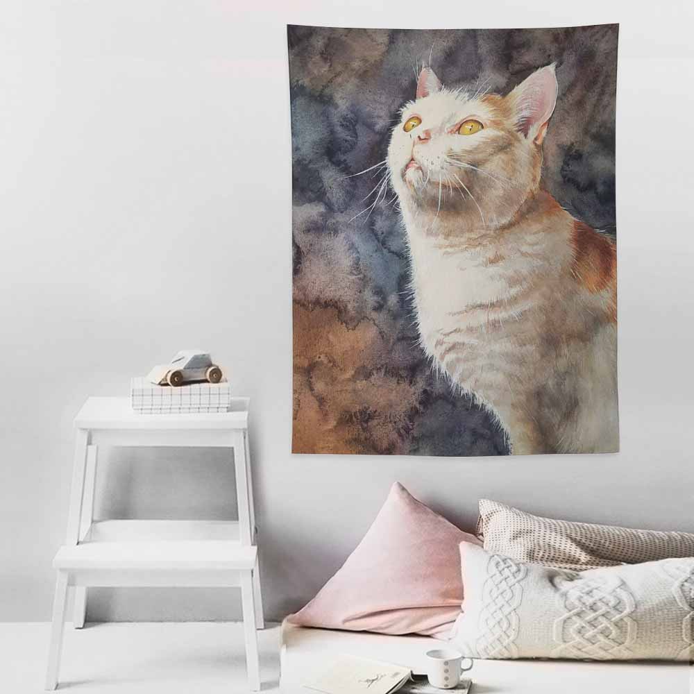 Vertical cat tapestry for wall decor. Made of polyester, featuring a curious cat design for bedroom decor.