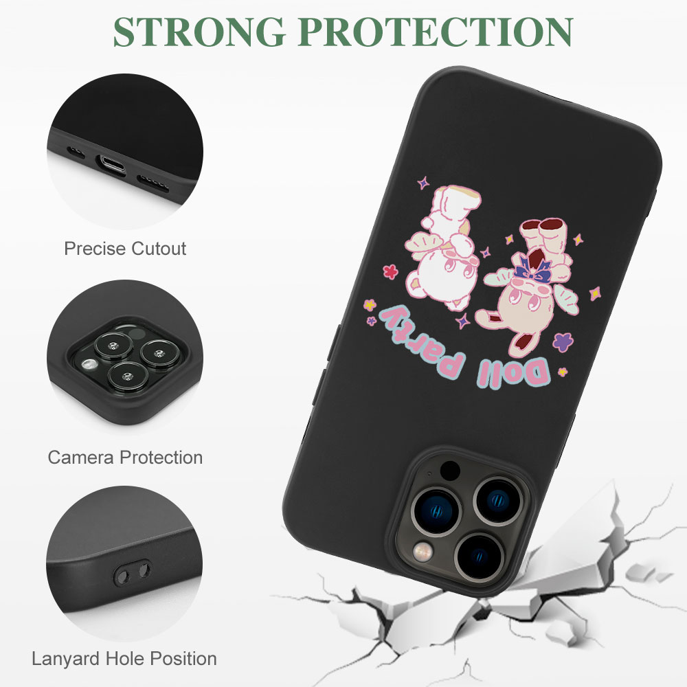 iPhone 13 case with "Doll Party" design, black TPU, wireless charging compatible, strong protection