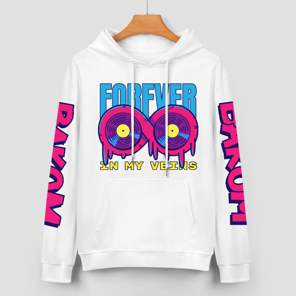 White cotton hoodie with FOREVER 99 donut graphic and LIQUID sleeve prints, youth fashion style