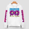 White cotton hoodie with FOREVER 99 donut graphic and LIQUID sleeve prints, youth fashion style