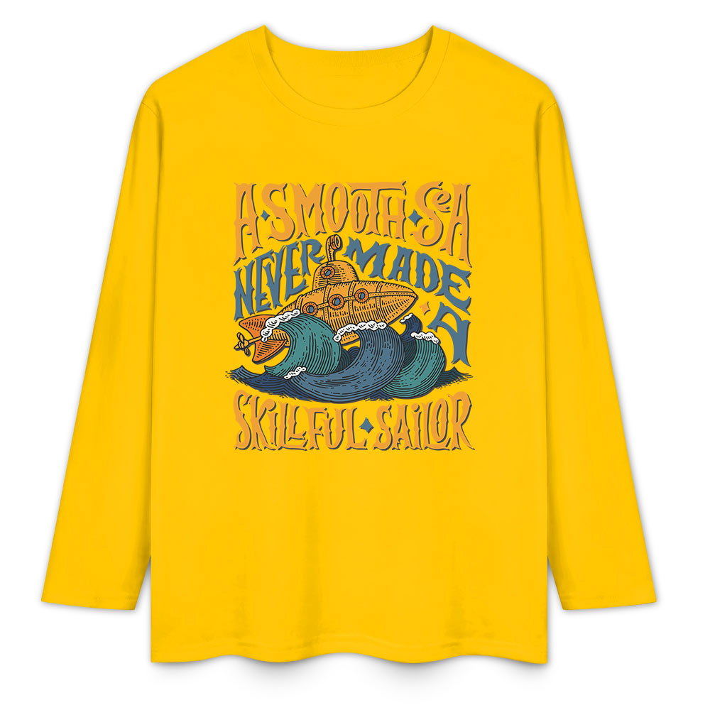 Yellow pure cotton long sleeve T-shirt with graphic, casual wear.