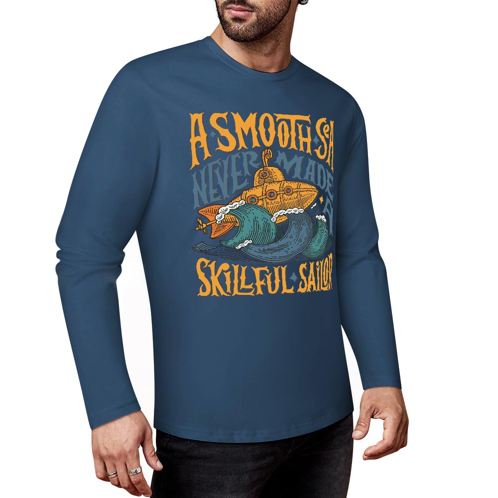 Dark blue pure cotton long sleeve T-shirt featuring ASMODUS Shark Attack graphic for casual wear.
