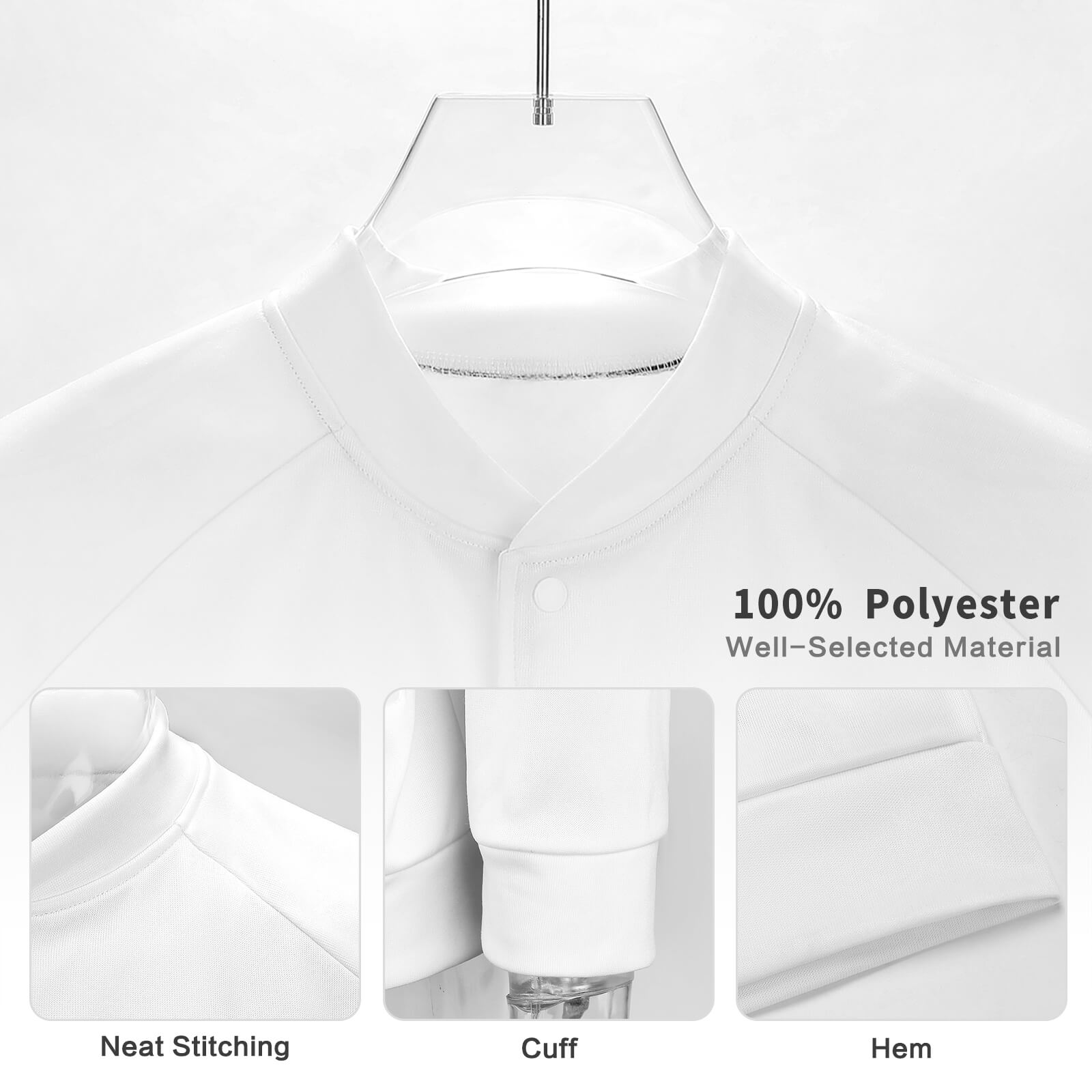 White Fylly baseball uniform close-up, showing Japanese sweater cloth detail, 100% Polyester material, comfortable fit