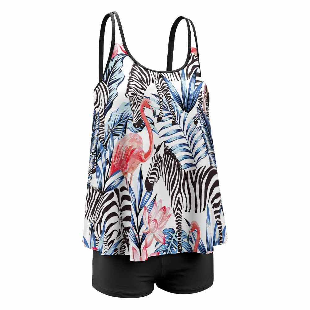 Plus size split swimsuit set with tropical print and black shorts, perfect for beach and pool.