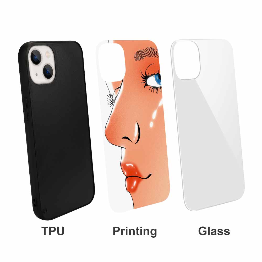 iPhone 13 Glass case structure, TPU, Printed design and glass back cover, scratch resistant, wireless charging compatible.