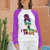 Raglan sweater with "I DO WHAT I WANT" print, purple sleeves. Comfortable polyester-cotton blend for casual wear.