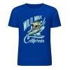 Blue cotton short-sleeved T-shirt with Wild Wave California surfing print, summer fashion.
