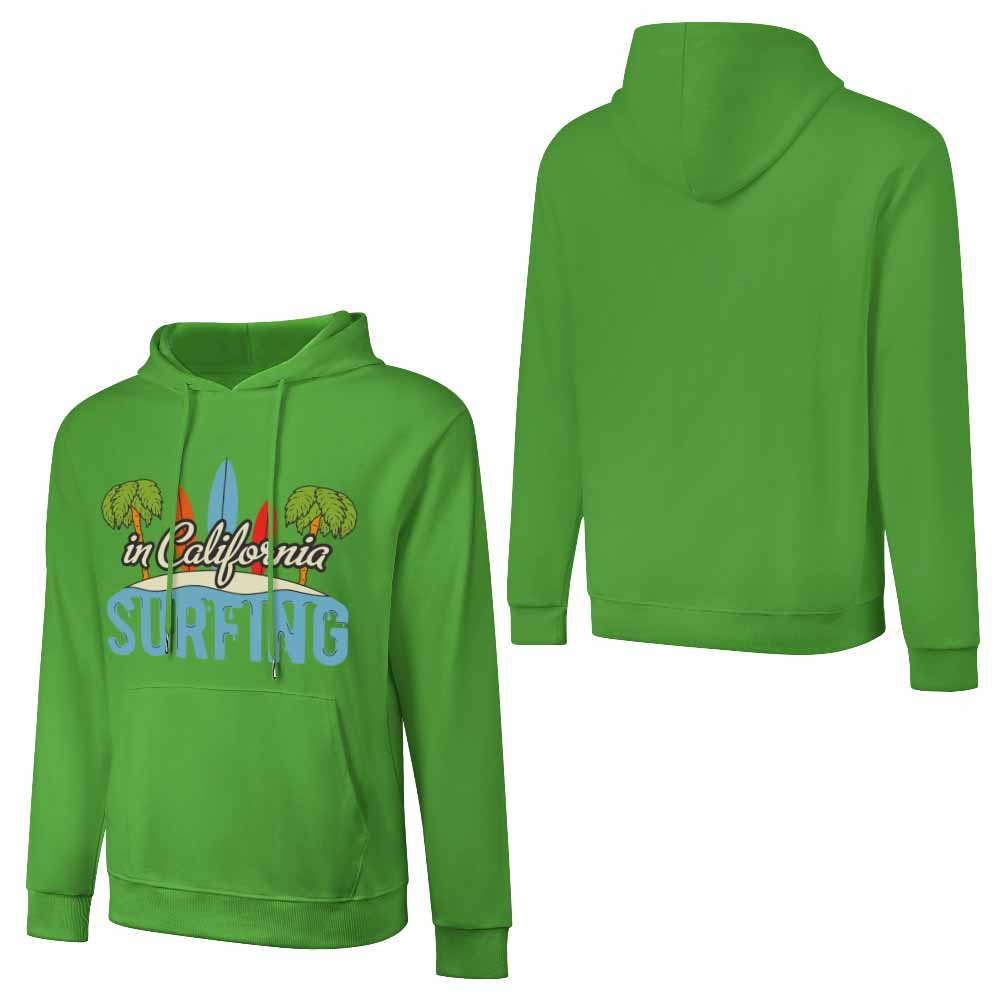 Green cotton California Surfing hoodie, loose fit, available in multiple colors, suitable for daily wear.