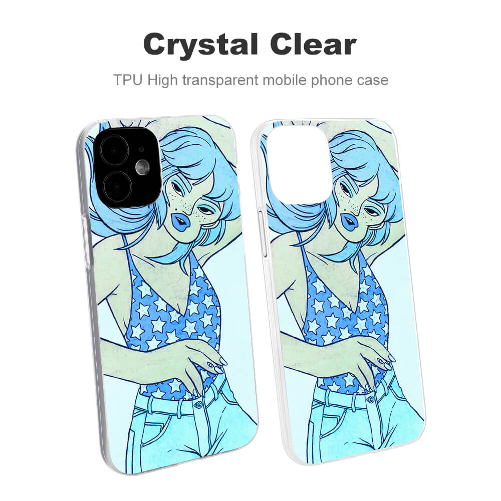 iPhone 12 case with cartoon woman design in blue, crystal clear protection for iPhone 12 series.