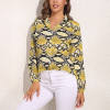 Yellow floral print long sleeve shirt top with V-neck for women, casual vintage style.