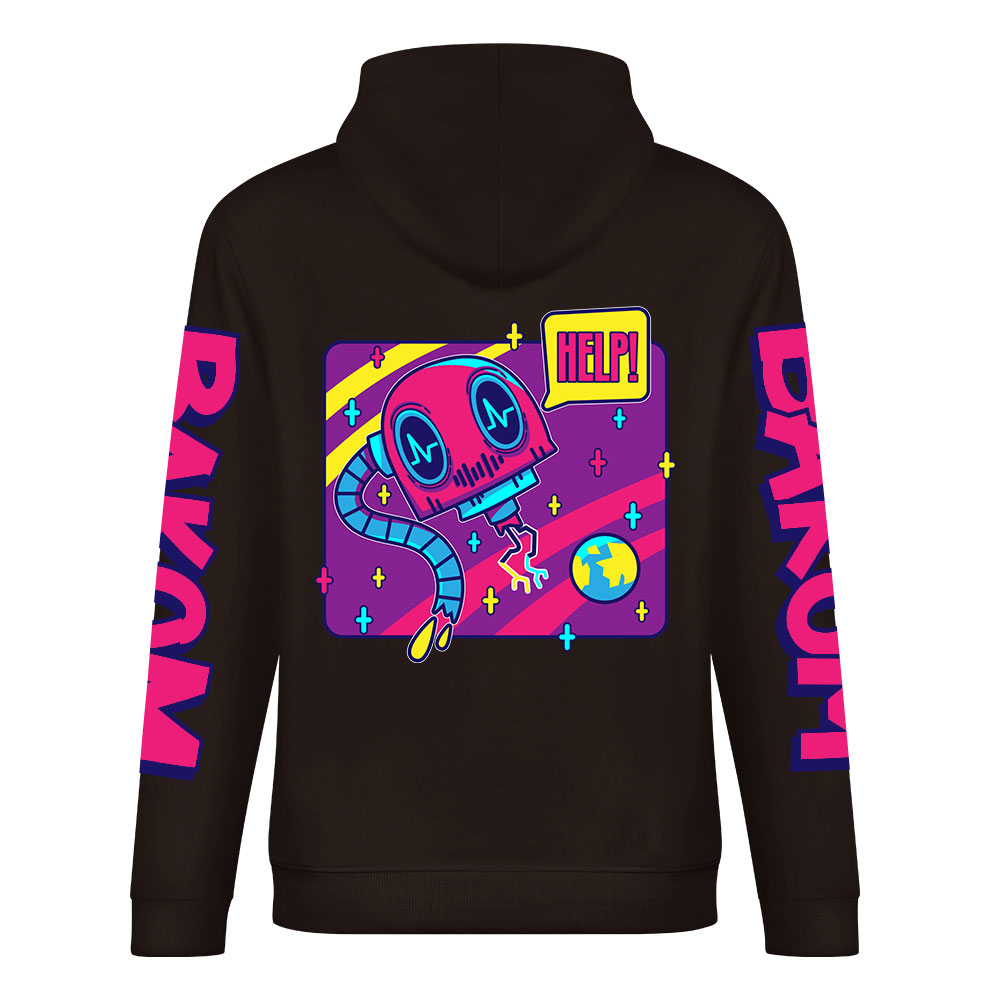 Black cotton hoodie with colorful graphic, DAKUM and CHRONM sleeve prints, youth fashion style