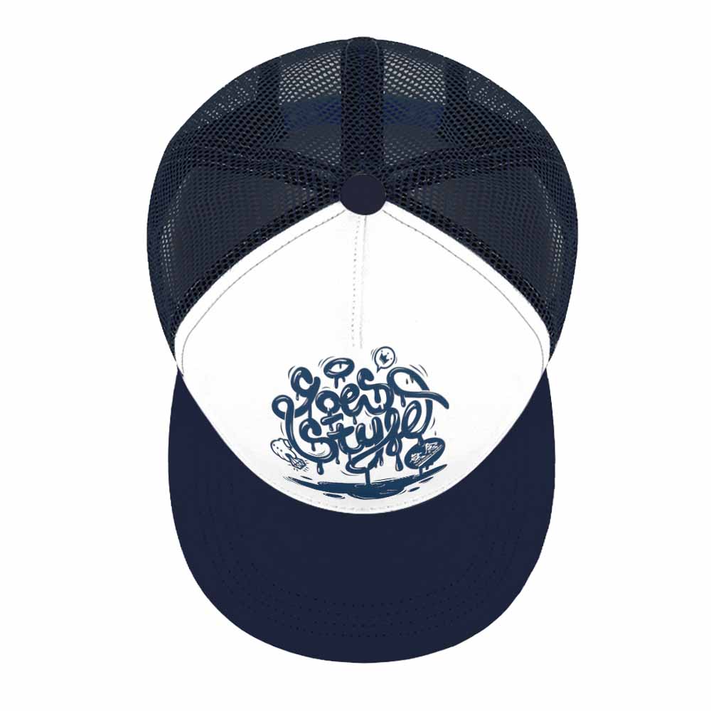 Navy and white baseball cap with graphic design, featuring mesh back and flat brim, suitable for outdoor wear.