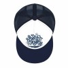 Navy and white baseball cap with graphic design, featuring mesh back and flat brim, suitable for outdoor wear.