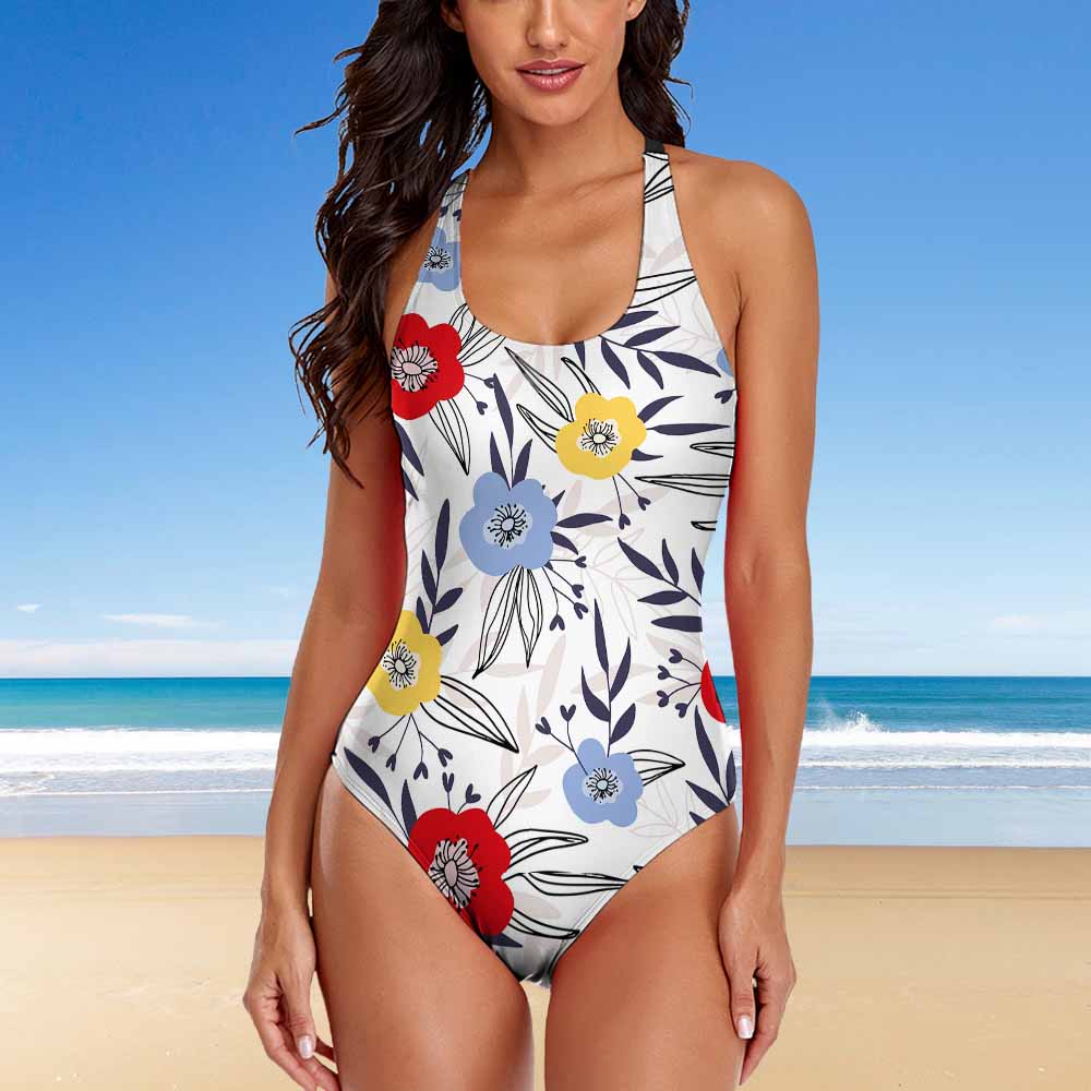 Floral print one-piece swimsuit for women with adjustable straps and flattering design, beach swimwear.