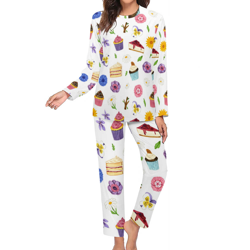Soft Women's Pajama Set - White with colorful flower and cake patterns