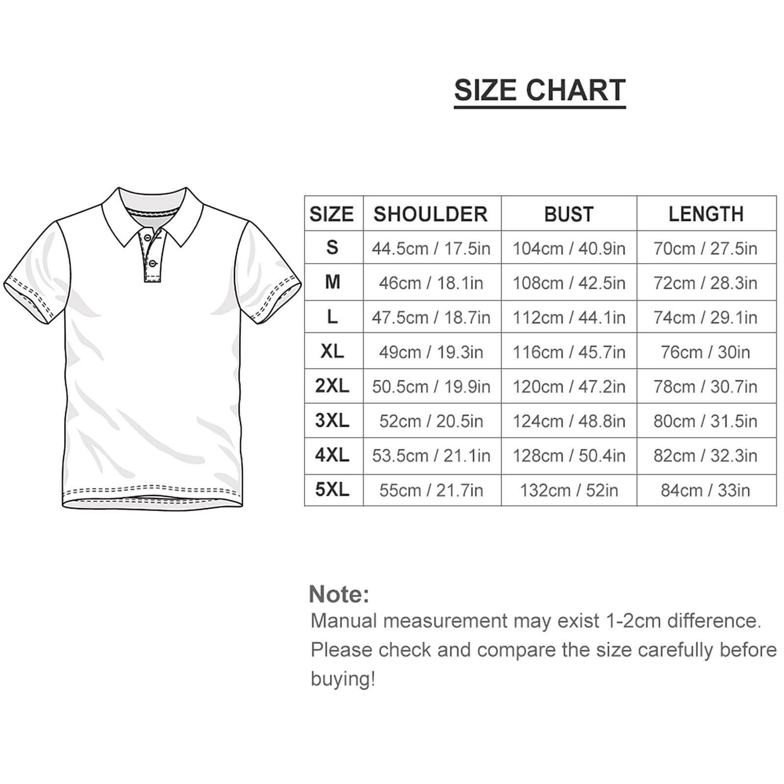 Polo straight shirt size chart, including shoulder, waist, and length measurements.