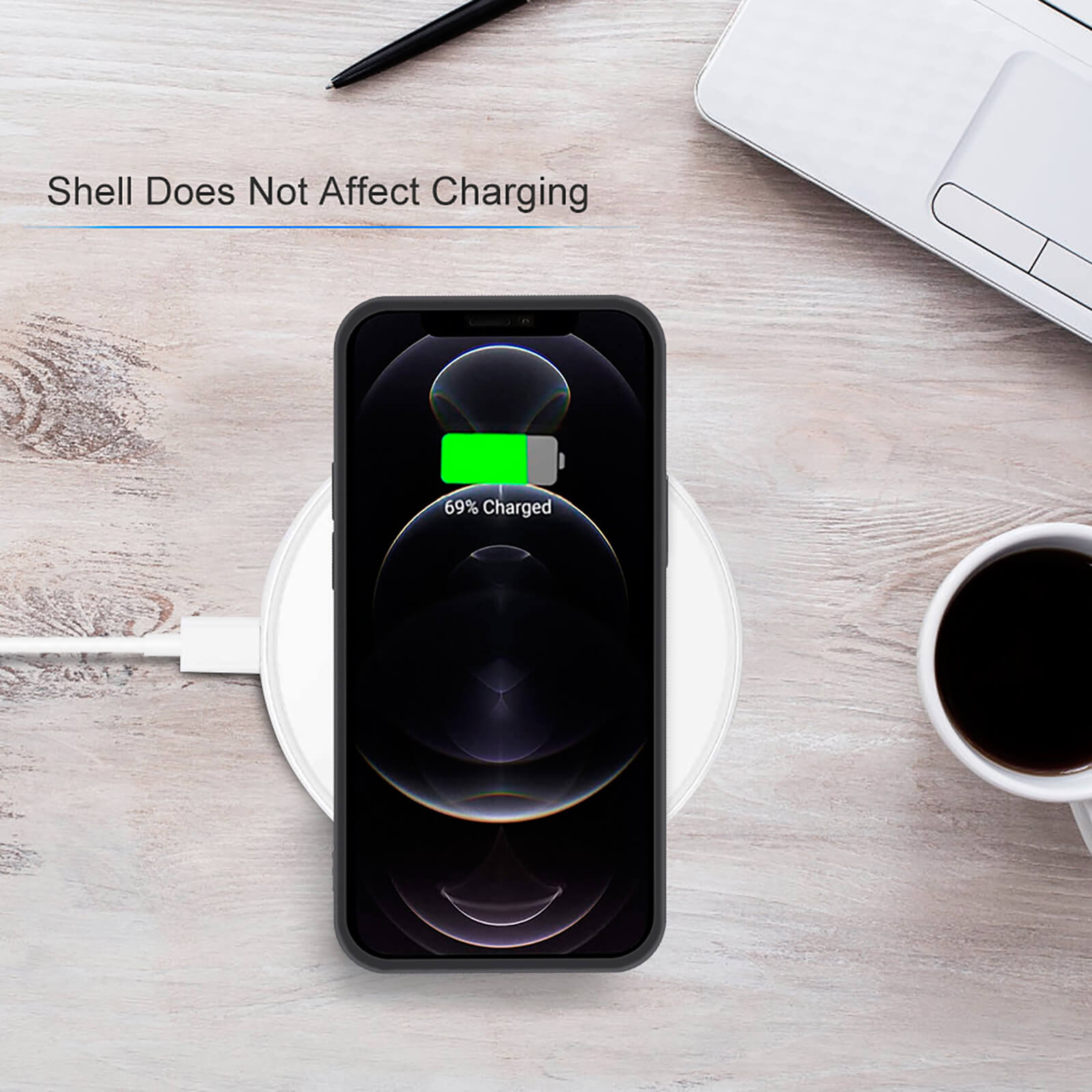 iPhone 12 series wirelessly charging on a white pad with TPU case, stylish design.