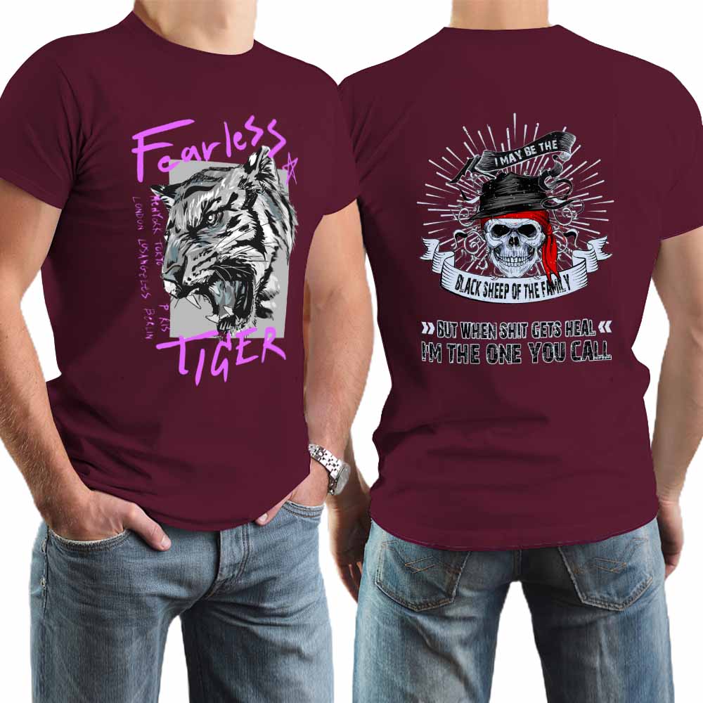 Dark red Fearless Tiger 100% cotton men's T-shirt, front and back view.