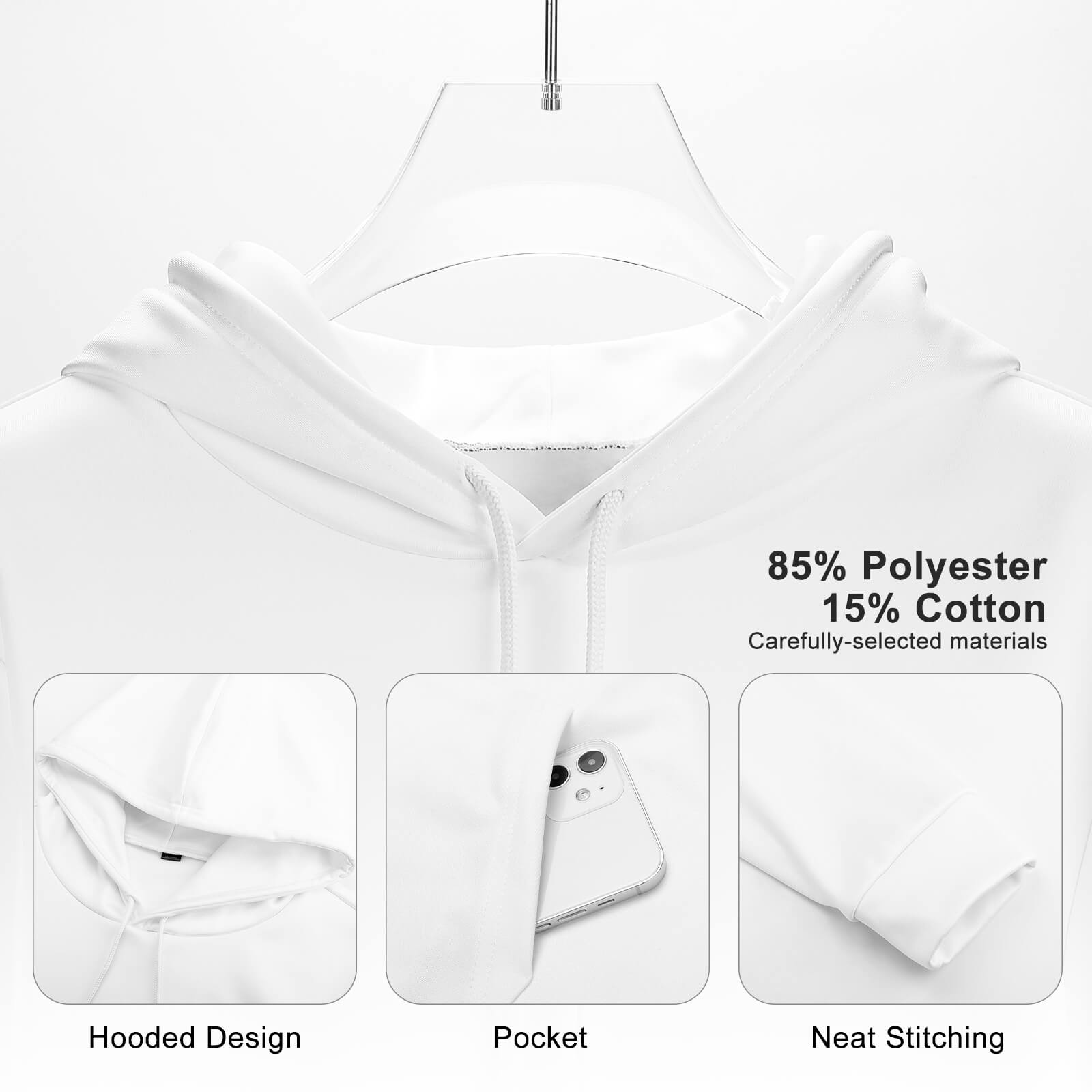 White Dropped Sleeve Hoodie with front pocket, comfortable fit, and made of 85% polyester 15% cotton.