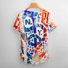 Ice silk V-neck women's shirt with colorful abstract print. Featuring 'NY' text.