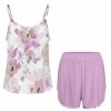 Floral ice silk pajama set, featuring a strap top and lilac shorts, comfortable and skin-friendly.