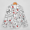 White cropped hem shirt with black lettering and red heart designs, a casual fashion top for women