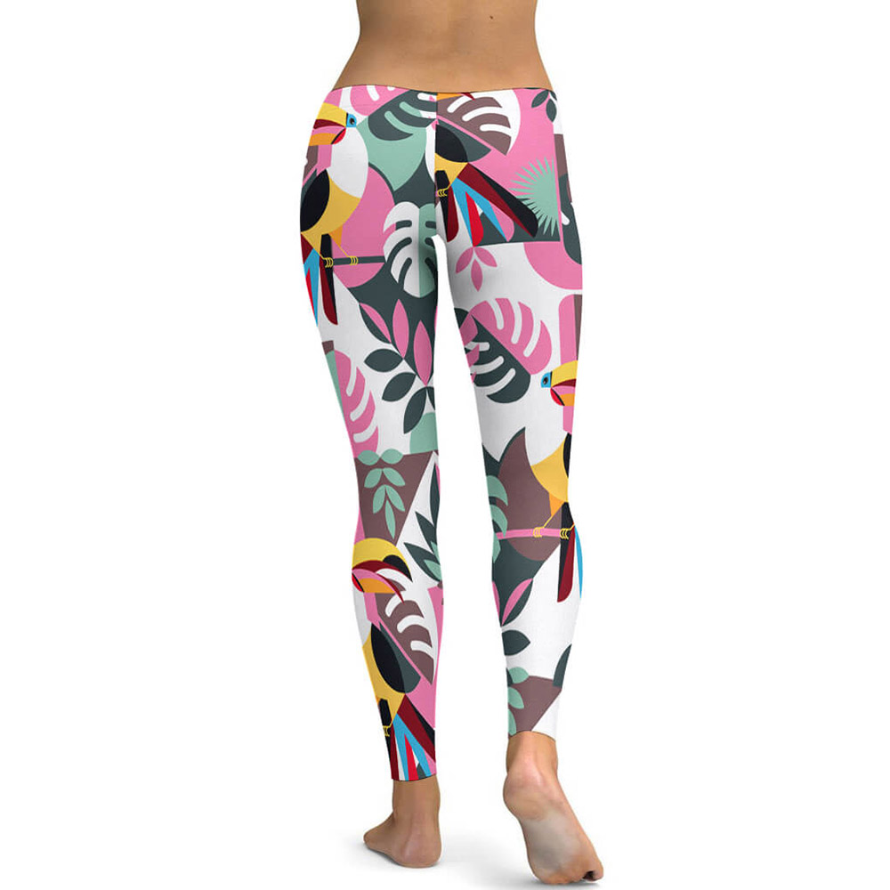 Soft ladies yoga pants with colorful abstract pattern, high-waist design for sports and fitness.