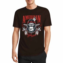 Brown pure cotton short-sleeved T-shirt with "AMERICAN LEGEND" gorilla graphic print for men, summer fashion.