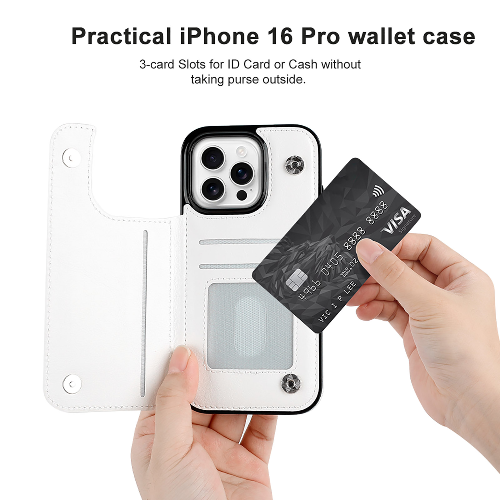 iPhone 16 Pro wallet case with card slot, white leather cover, practical design.