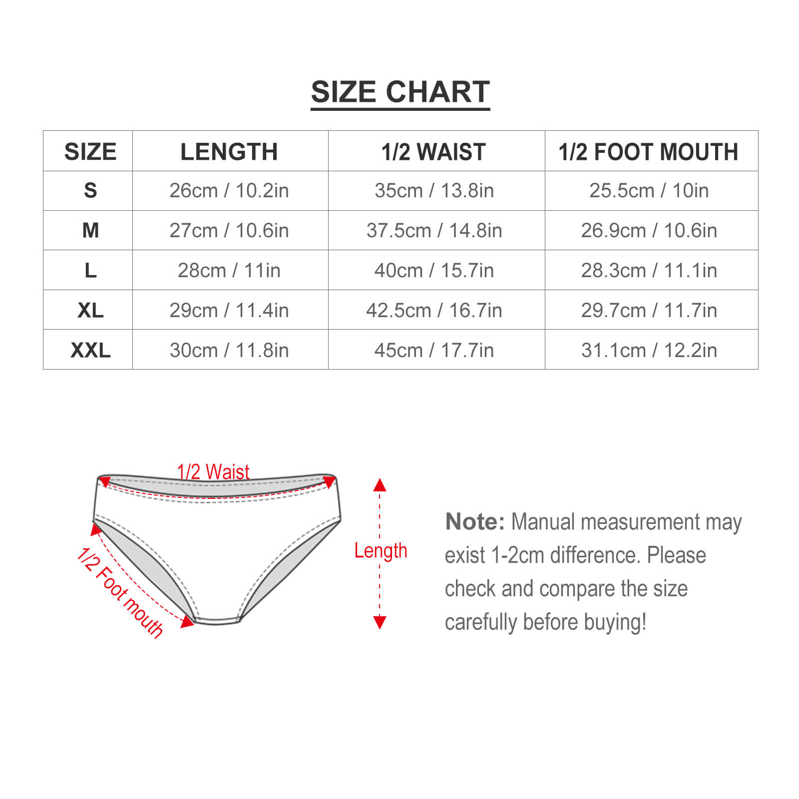 Size chart for Women's white polyester underwear, including length, waist, and foot mouth measurements in cm and inches.