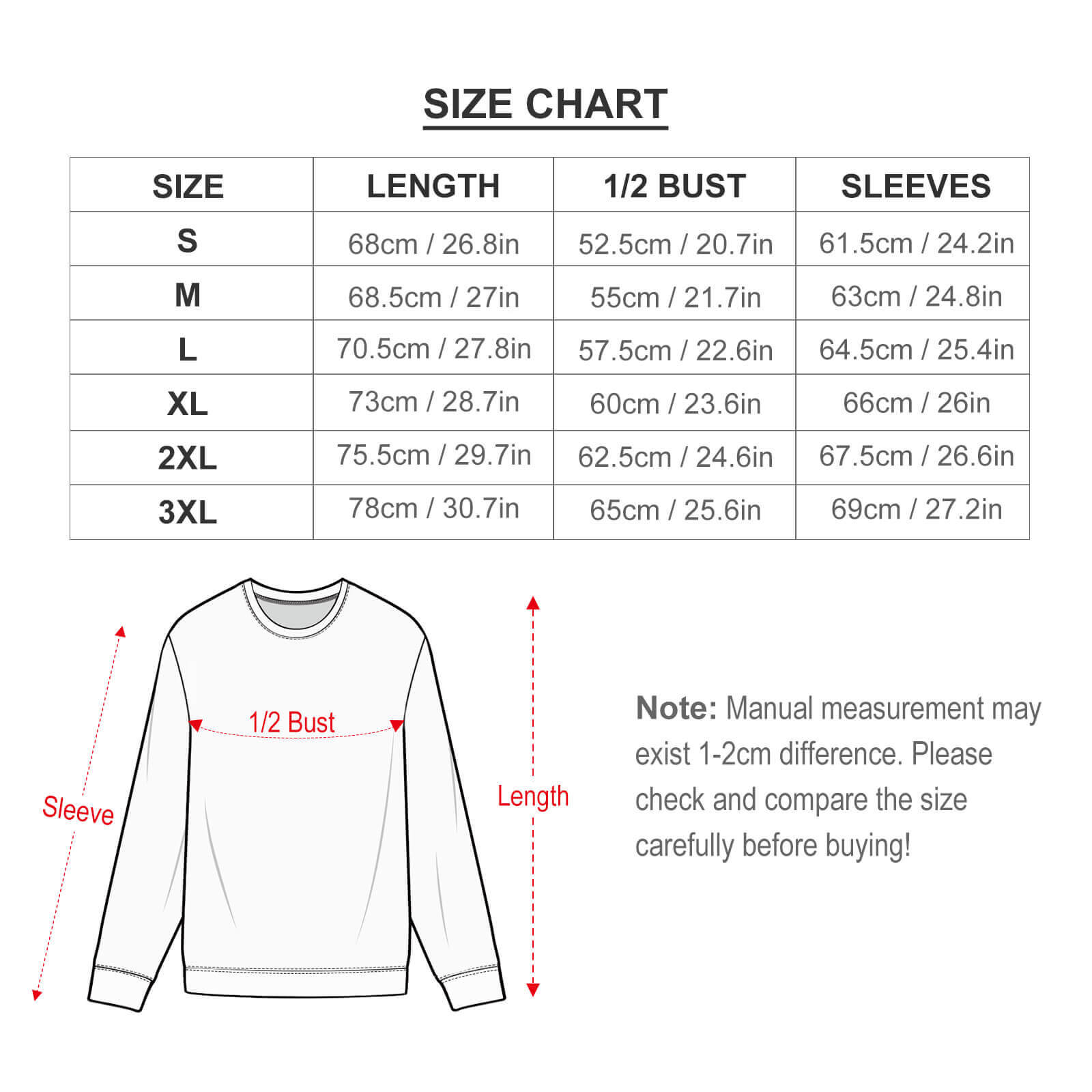 Men's Crew Neck Sweater Size Chart - Length, Bust, Sleeve Measurements