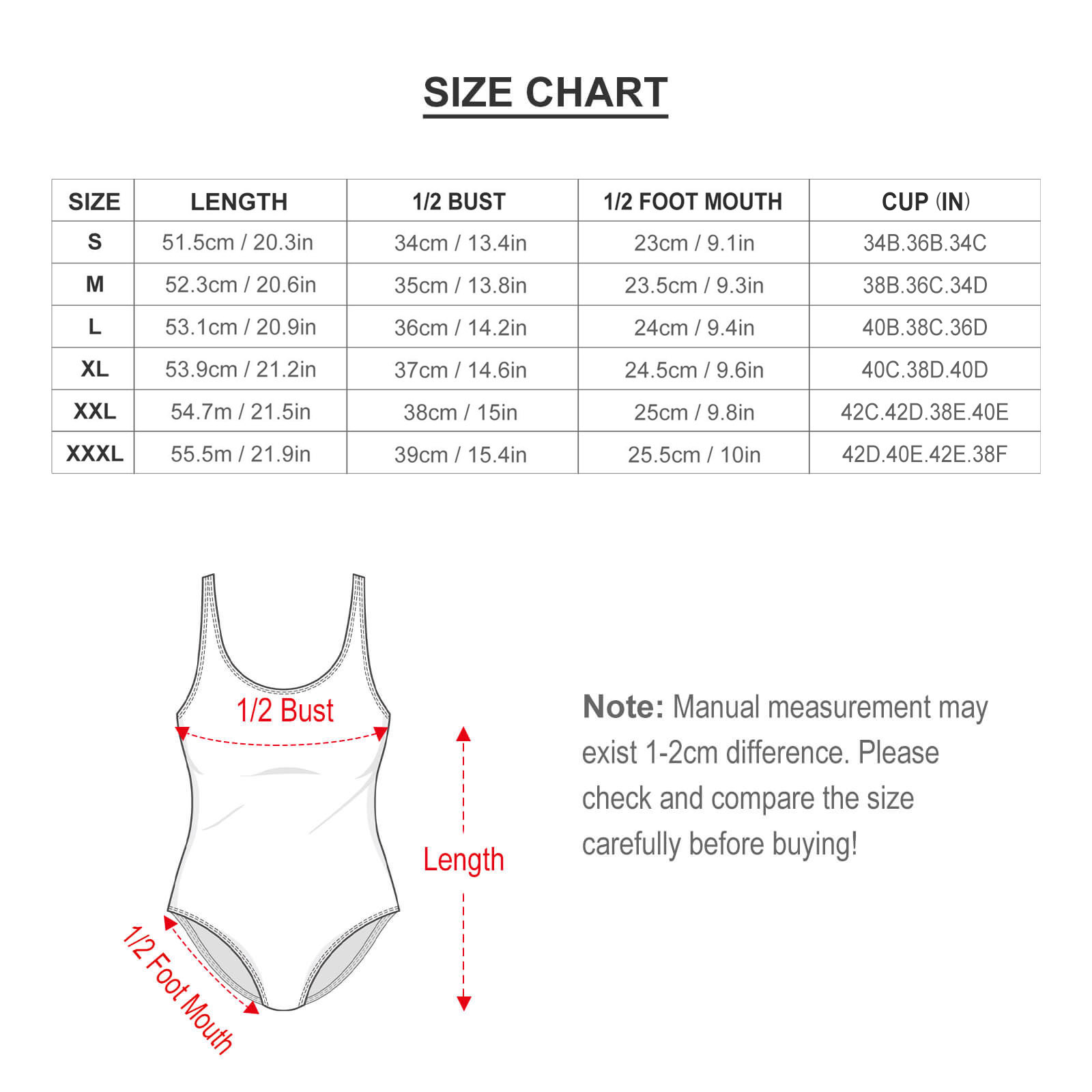 Size Chart for Chic Design One Piece Swimsuit: measurements in cm/in, including length, bust, waist, and cup size
