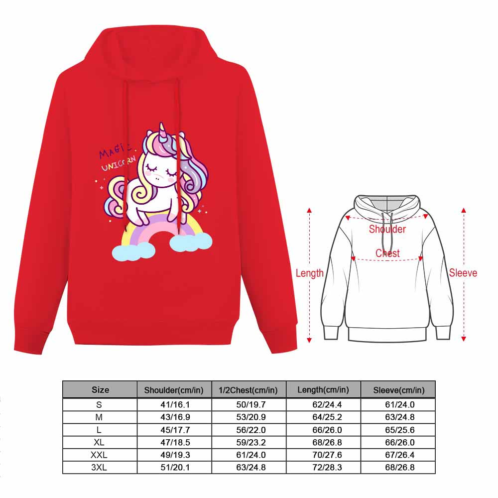 Red Unicorn Hoodie Sweatshirt, cotton blend, comfortable fit for women. Includes size chart.