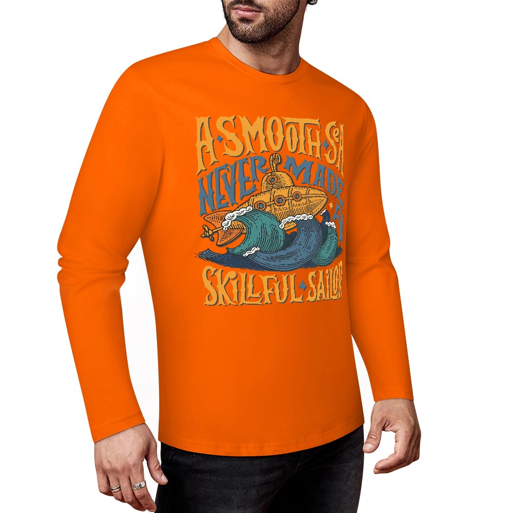 Orange pure cotton long-sleeved T-shirt with graphic design for casual wear, featuring 'B-MUDZ' text.