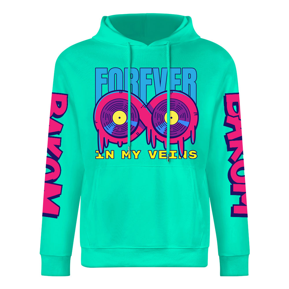 Turquoise cotton FOREVER 99 hoodie with donut graphic, DAKUM sleeve prints, youth fashion style.