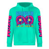 Turquoise cotton FOREVER 99 hoodie with donut graphic, DAKUM sleeve prints, youth fashion style.