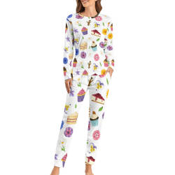 Soft Women's Pajama Set - White with colorful patterns, long sleeve top and pants