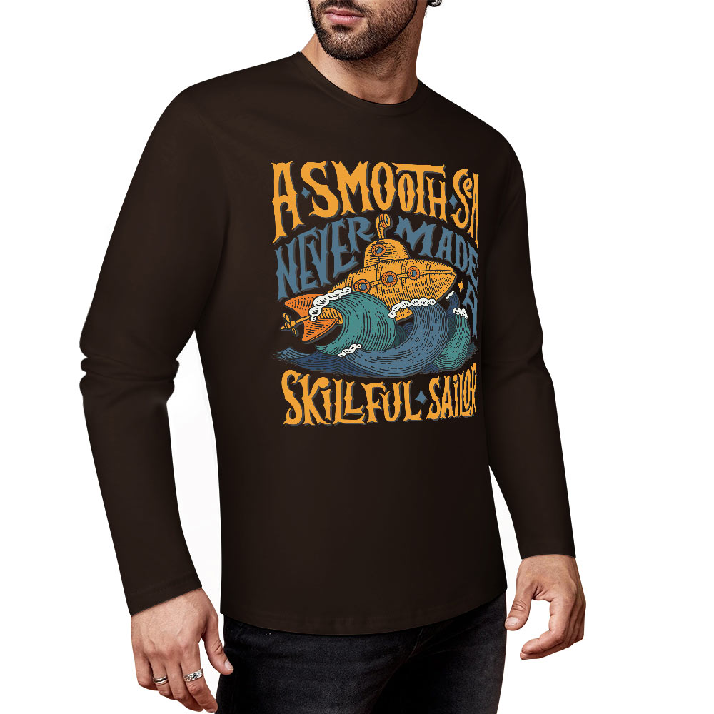 Dark brown pure cotton long sleeve T-shirt featuring ASMODUS Skull San graphic for casual wear