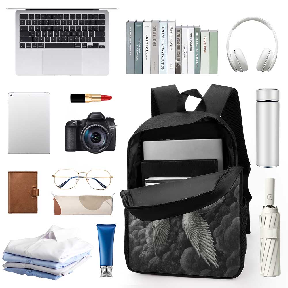 Black 17-inch backpack with essentials: laptop, books, camera, glasses, and more.