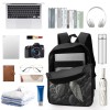 Black 17-inch backpack with essentials: laptop, books, camera, glasses, and more.