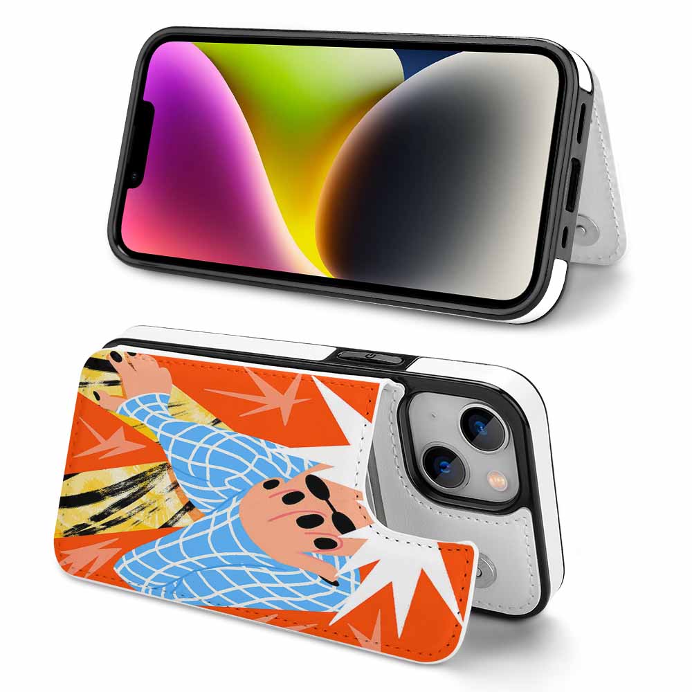 iPhone 14 case with artistic design, card slot, and magnetic buckle, drop resistant protection, stylish and practical.